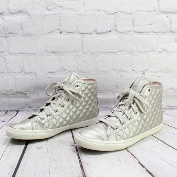 Geox Respira Silver Patent Leather Hi Top Back Zip Sneakers Size US 8 - Picture 2 of 9